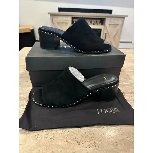 NEW In Box Maje Wave Suede Black Block Heel Mules Womens 38 / 7.5 - Picture 6 of 7